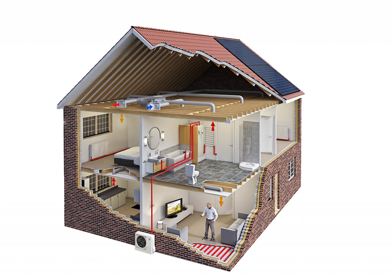 graphic showing how a heat pump works in a house